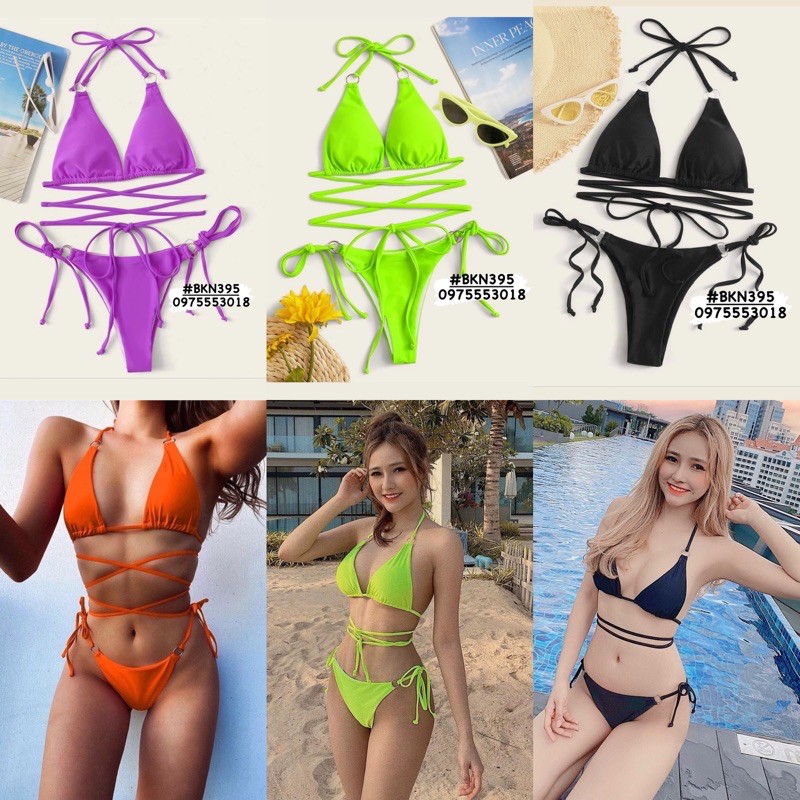 [BKN395] &lt;ÂU&gt; SET BIKINI ĐAN DÂY EO 7 MÀU QUẦN THONG/LỌT KHE [XANH NEON/BEO/ĐEN/TRẮNG/CAM/TÍM]