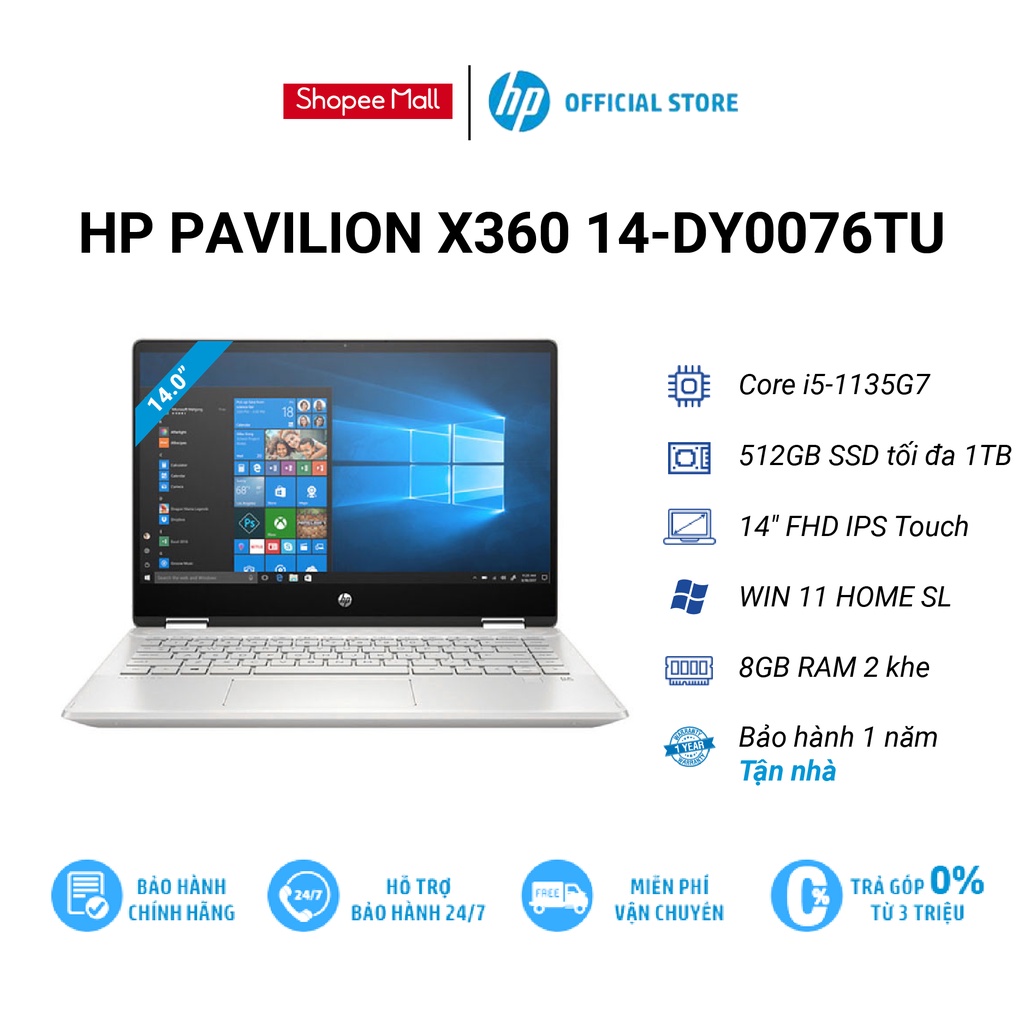 [Mã ELHP15 giảm 10% ] Laptop HP Pavilion x360 14-dy0076TU 46L94PA i5-1135G7 | 8GB | 512GB SSD | 14FHD Touch | VGA