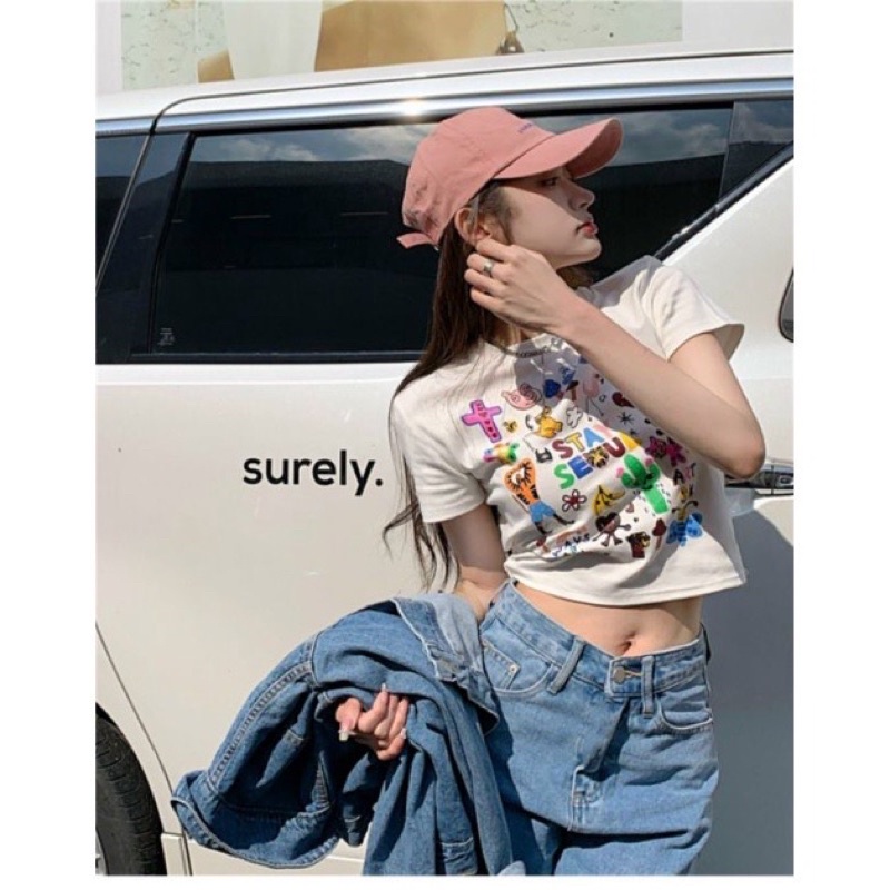 Áo Kiểu Croptop Crt Dáng Ôm Cổ Tròn Thiết Kế In Hình Năng Động