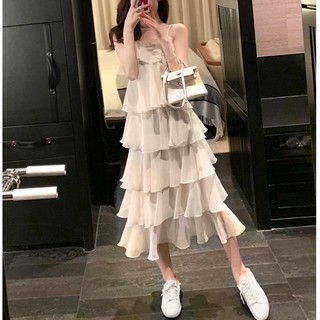 Đầm Voan Tầng Dài Hai Dây Đi Chơi LABELLE Màu Trắng Kem DC351