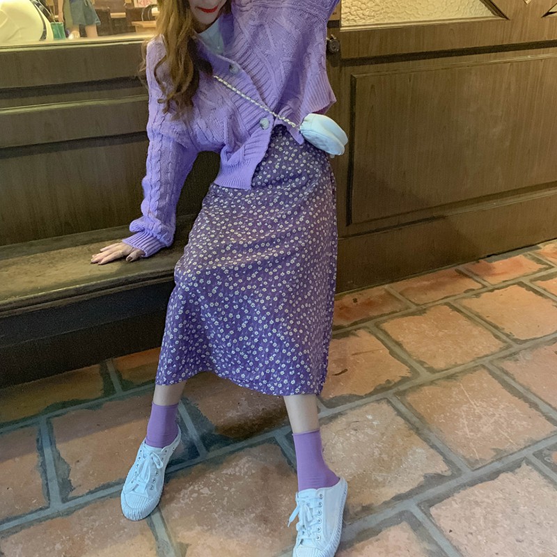 (SẴN HÀNG) Chân váy hoa nhí midi màu tím retro dáng dài style vintage Hàn Quốc điệu hè 2020 | BigBuy360 - bigbuy360.vn