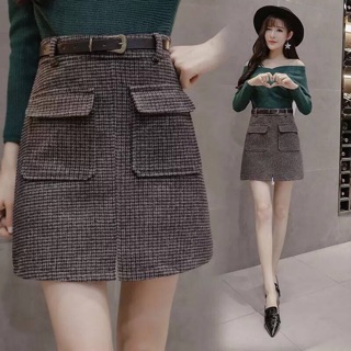 Chân váy dạ kẻ kèm đai