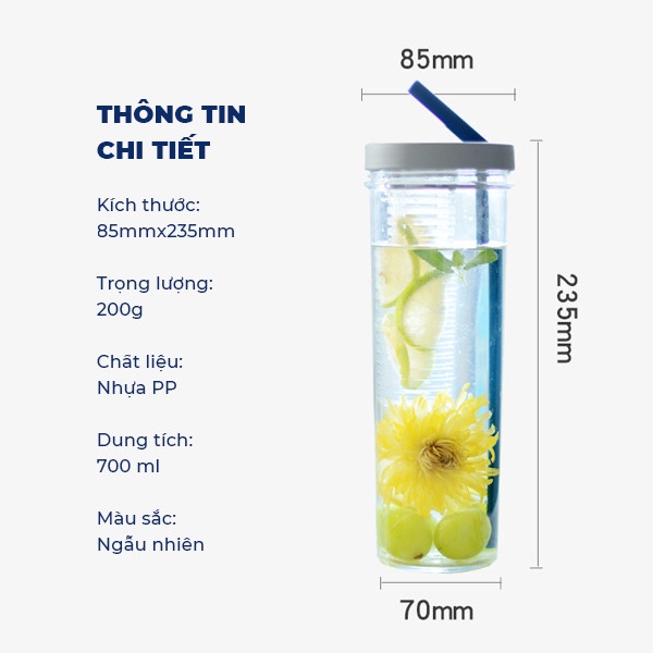 Bình Nước Detox Có Ống Hút Trong Suốt Có Khay Lọc Trà Dung Tích 700ml Giá Rẻ Cute