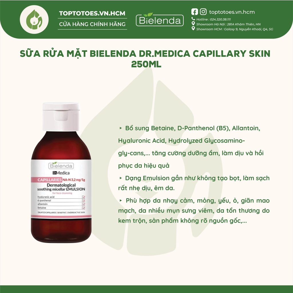 Sữa rửa mặt Bielenda Dr Medica Capillaries Soothing Micellar Emulsion giảm mẩn đỏ, dị ứng, kích ứng, giãn mao mạch