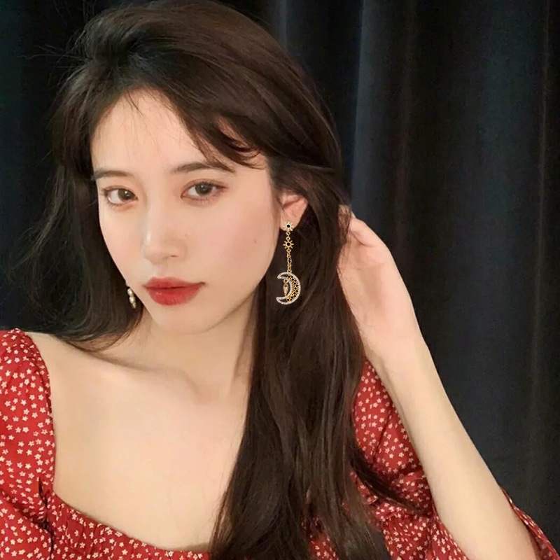 Bông Tai Dáng Dài Hình Mặt Trăng Ngôi Sao Đính Đá Thời Trang Cho Nữ