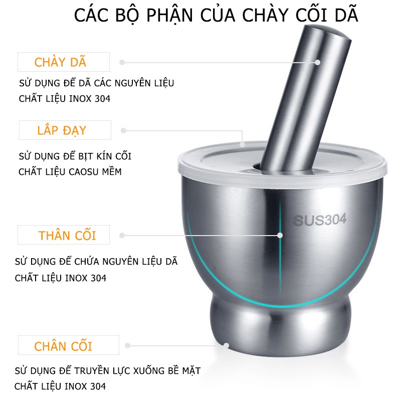Bộ Chày Cối Inox Nguyên Khối 304 Cao Cấp Không Mối Hàn, Kèm Lắp Đạy Tiện Dụng Sang Trọng Cho Gia Đình Bạn MKS047