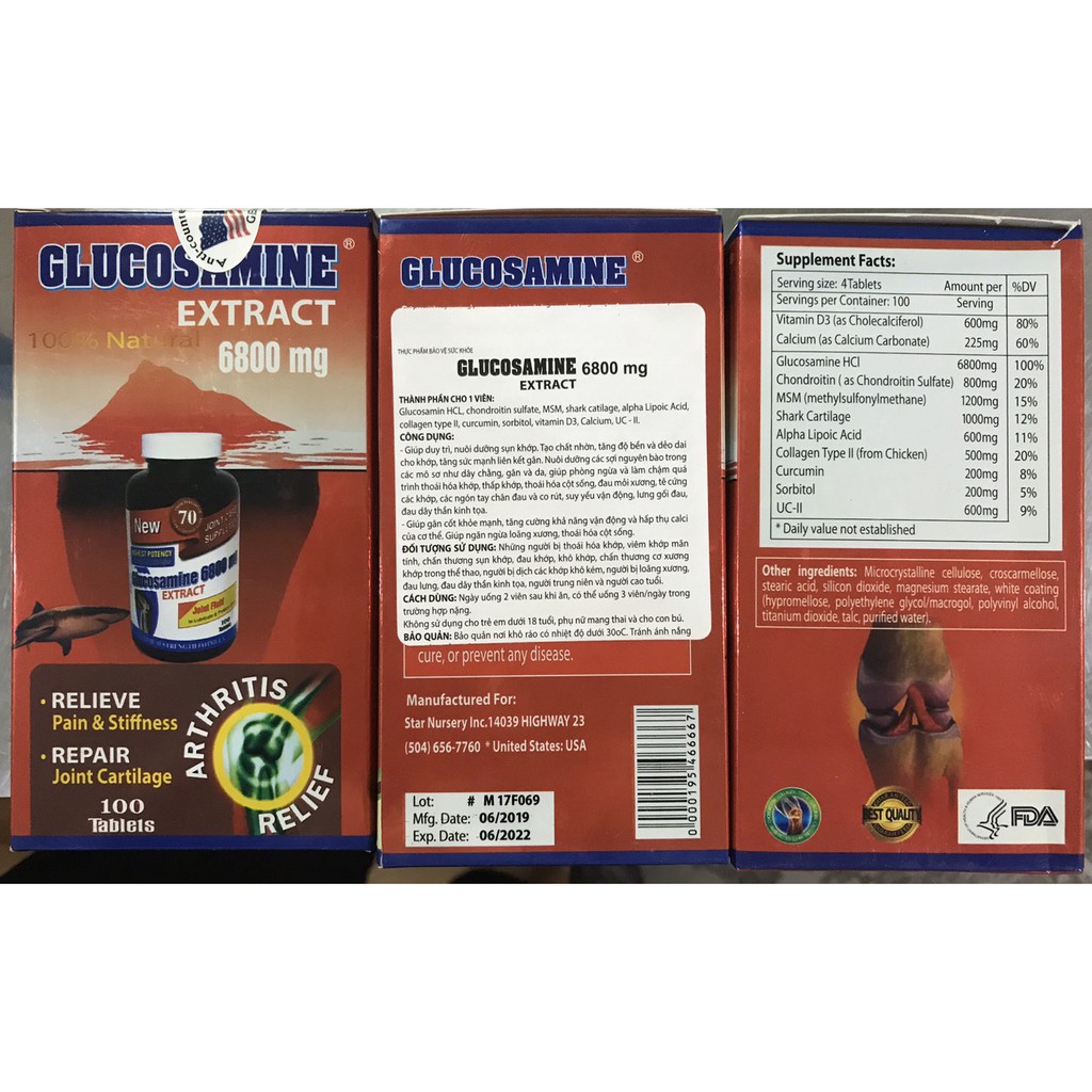 Viên Uống Hỗ Trợ Xương Khớp GLUCOSAMINE EXTRACT  6800mg - Hộp 100 viên- Nhập Khẩu MỸ
