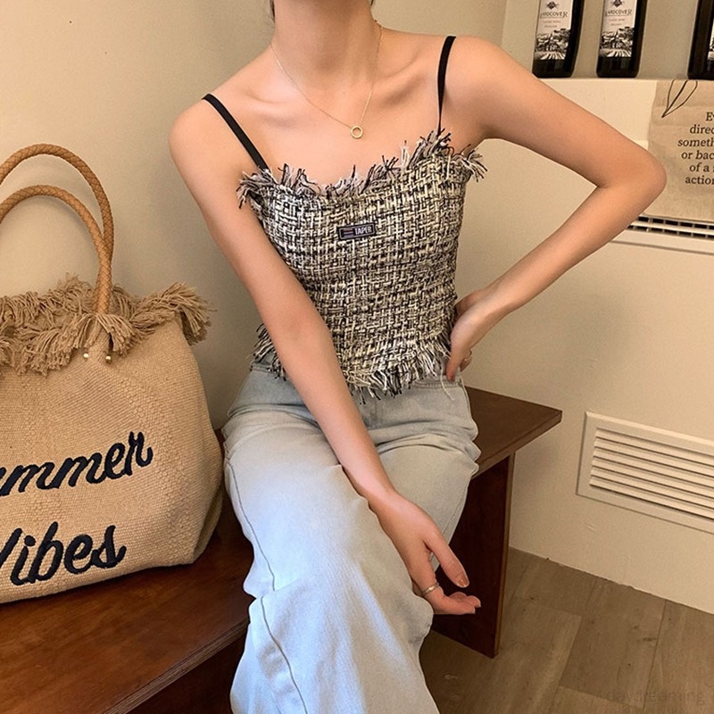 Áo Croptop Không Tay Có Mút Đệm Phối Tua Rua Thời Trang Hàn Quốc Cho Nữ
