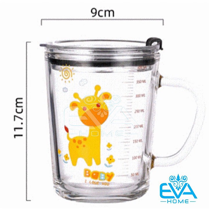 Ly Quai Thuỷ Tinh Chia Vạch Hoạ Tiết Hoạt Hình Có Nắp Đậy Kín Hơi Pha Sữa Cho Bé 350 Ml Tặng Kèm Ống Hút Silicone