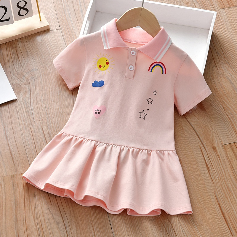 Đầm Xếp Ly Tay Ngắn In Hoạt Hình Kiểu Preppy Thời Trang 2023 Cho Bé Gái