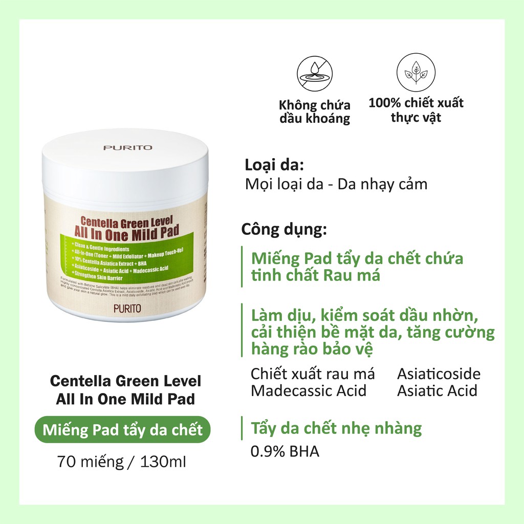 Miếng pad tẩy da chết làm dịu PURITO Centella Green Level All In One Mild Pad