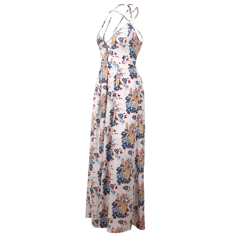 Đầm Maxi Dây Chéo Hở Lưng Họa Tiết Hoa Phong Cách Boho Cổ Điển Quyến Rũ Cho Nữ