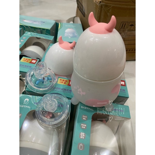 Bình sữa BÒ SỮA chính hãng BABYPAL silicon 180ml và 260mlsiêu cưng cho bé - TẶNG thêm 2 núm