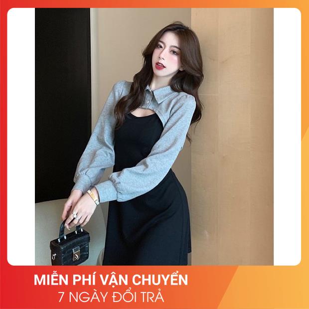 [LOẠI 1-FREESHIP] Set váy đen phối vạt sơ mi xám 24APRIL 🌸 chất len tăm mix nỉ siêu dày dặn 🌸 | BigBuy360 - bigbuy360.vn