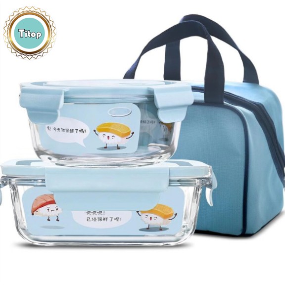 Bộ 2 Hộp Cơm Thủy Tinh Đa Năng + Túi Giữ Nhiệt và đũa thìa