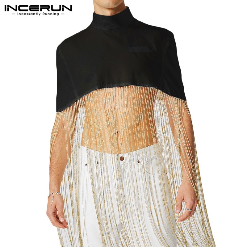 Áo croptop Incerun tay ngắn màu trơn phối tua rua thời trang cho nam