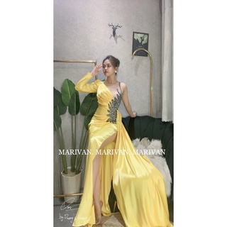Đầm dạ hội phi thun lụa 1 tay kết cườm tia mặt trời sang chảnh