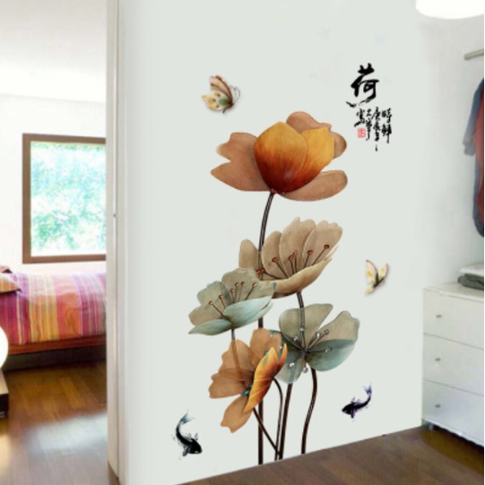 Decal trang trí tường - Hoa sen nâu và đàn cá