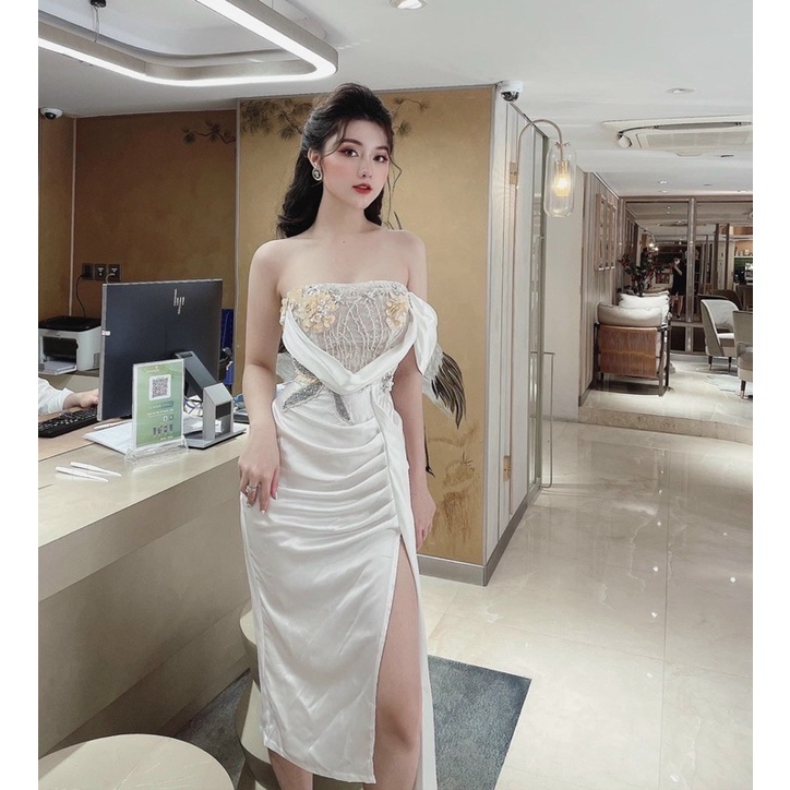 MS1228y ĐẦM PHI LỤA RỚT VAI ĐÍNH KS FULL SIZE S/M/L/XL