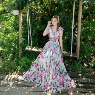 (free chỉnh sửa váy) maxi voan hoa váy xòe, đầm maxi dài đi biển du lịch dạo phố