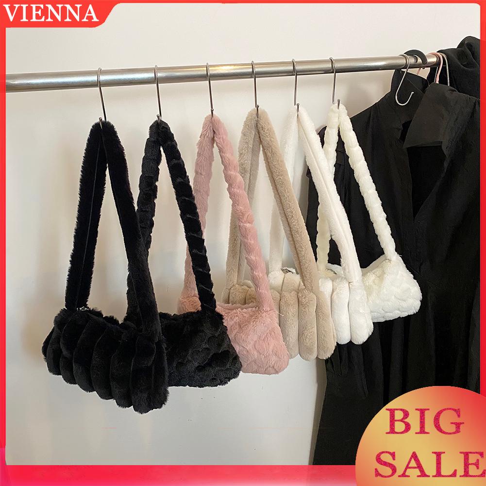 Túi xách kẹp nách vải lông mềm mại họa tiết trái tim phối khóa kéo hợp thời trang