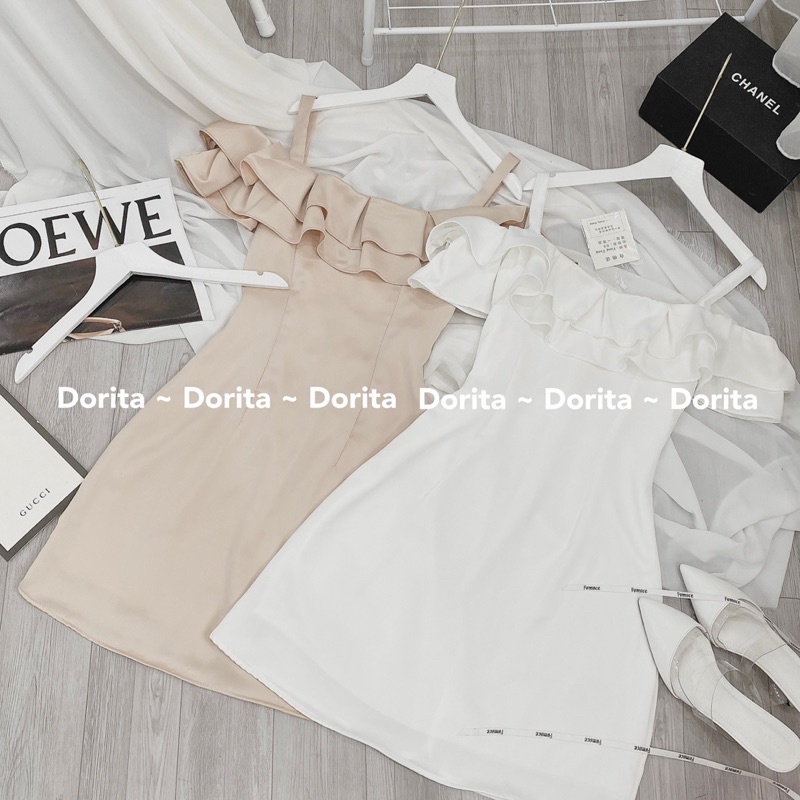 Váy 2 dây trễ vai viền bèo, Váy trắng dự tiệc viền bèo dáng xòe