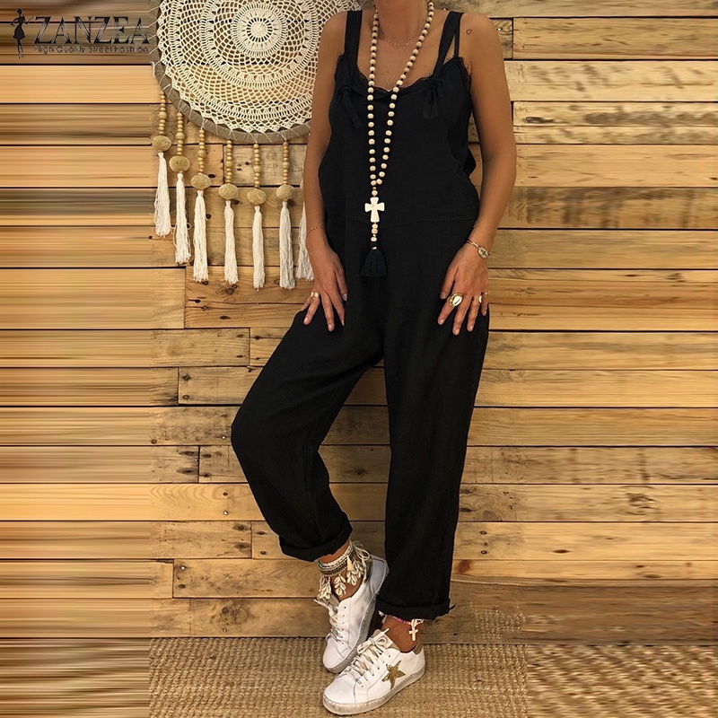ZANZEA Women Summer Sleeveless Solid Color Casual Vintage Jumpsuits