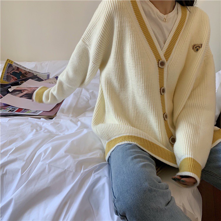 Áo khoác cardigan cổ chữ V dài tay dáng rộng phong cách Hàn Quốc retro