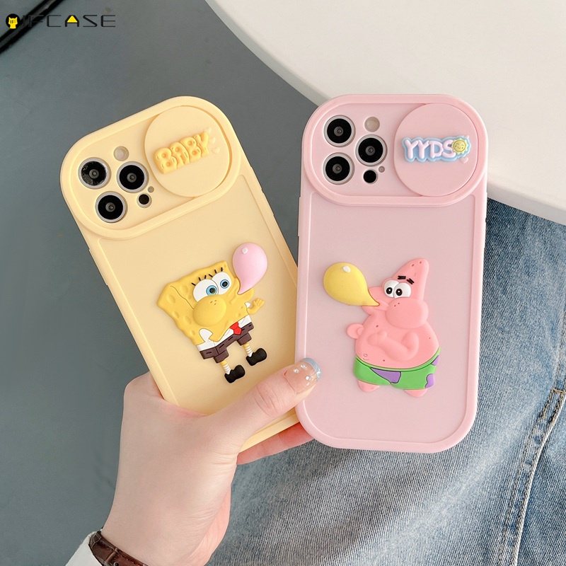 Ốp Điện Thoại Mềm Chống Sốc Có Nắp Trượt Bảo Vệ Camera In Hình SpongeBob 3D Cho iPhone 14 Plus 13 12 11 Pro Max XS Max XR X