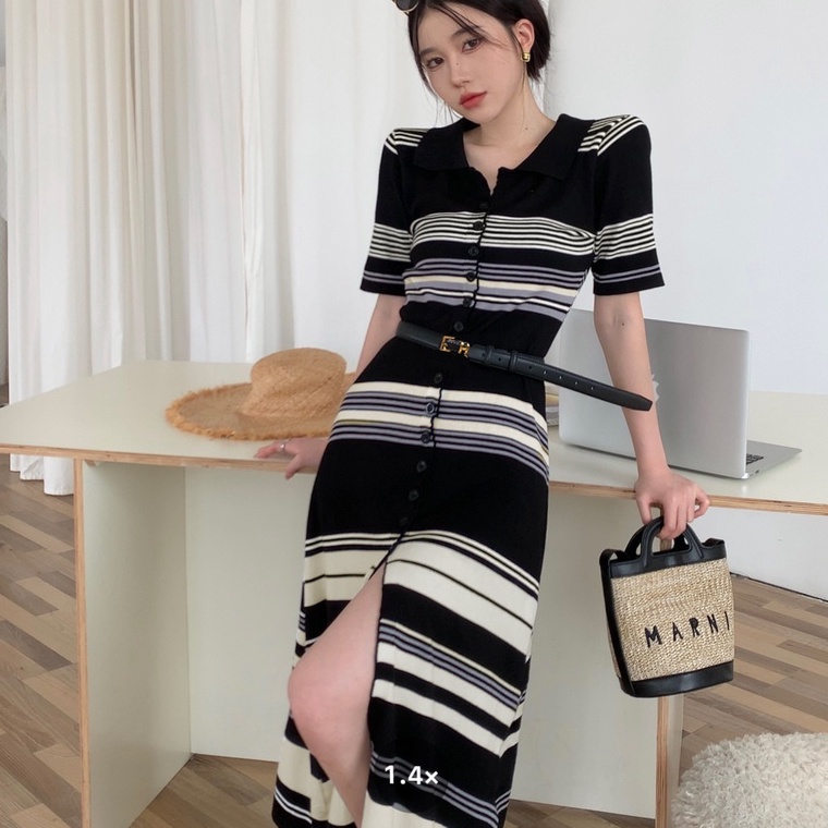 Đầm ZHELIHANGFEI dệt kim cổ polo dáng ôm họa tiết kẻ sọc ngang thời trang sang trọng dành cho nữ