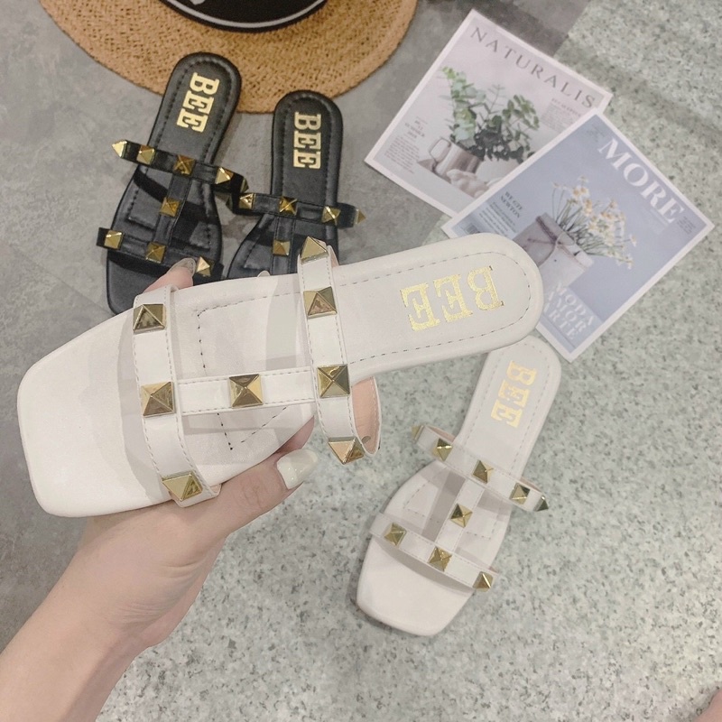 Dép Lê Nữ Dép Đi Biển Mùa Hè Quai Da Đinh Đế Bệt 2 Màu Đen Trắng Hàng Sẵn Kho