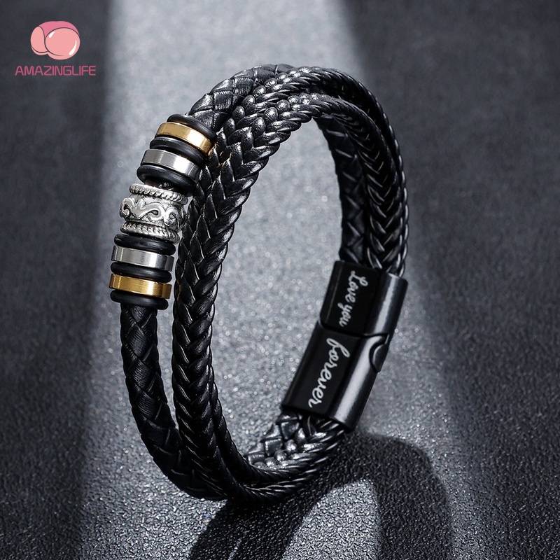 [Amazinglife] Vòng Tay Da Bện Thủ Công Nhiều Lớp / Vòng Đeo Tay Khóa Nam Châm Cổ Điển Thời Trang Cho Nam