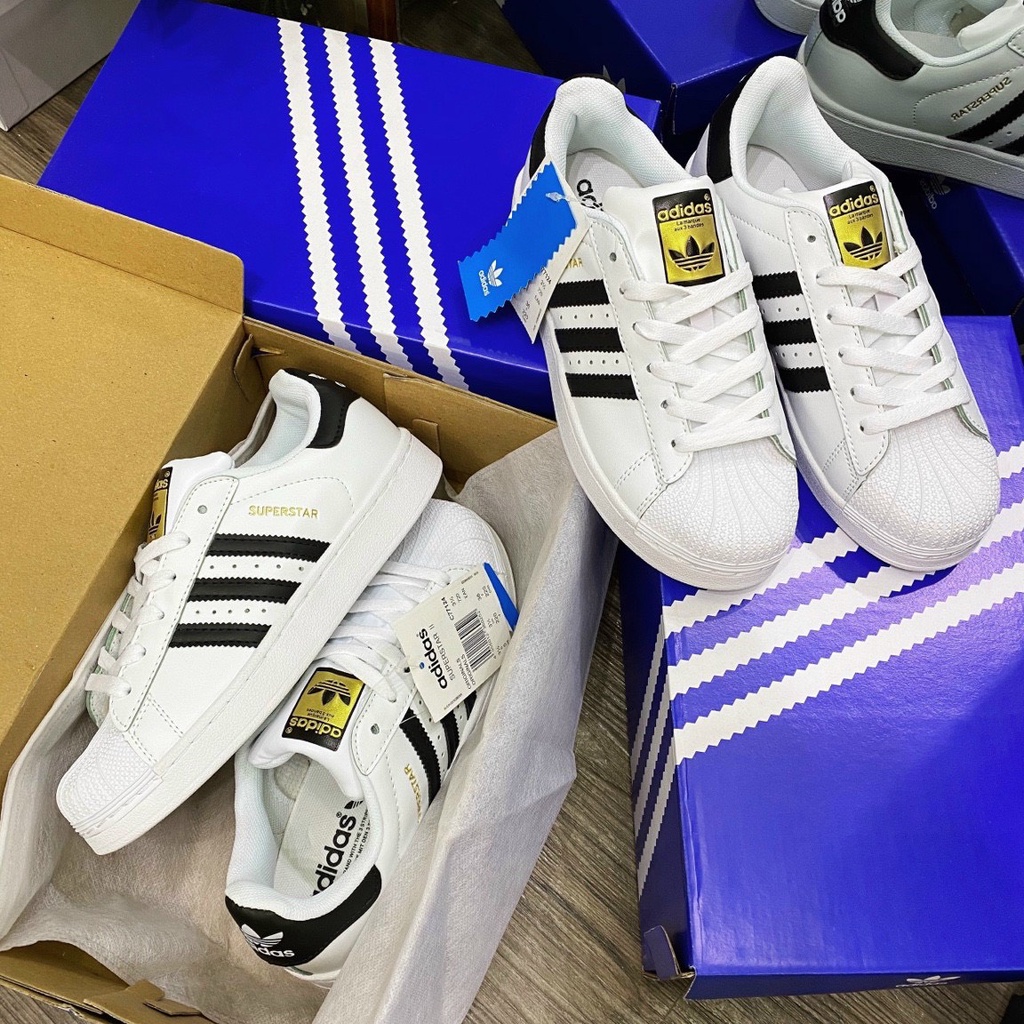 Giày superstar trắng kẻ đen mũi sò tem vàng cao cấp
