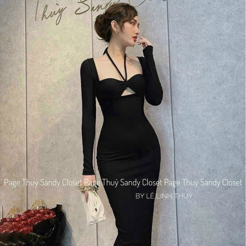 Đầm body tay dài dây cột cổ 01