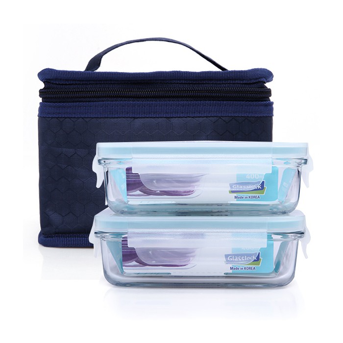 Set 2 hộp đựng cơm văn phòng GLASSLOCK 400ml kèm túi giữ nhiệt