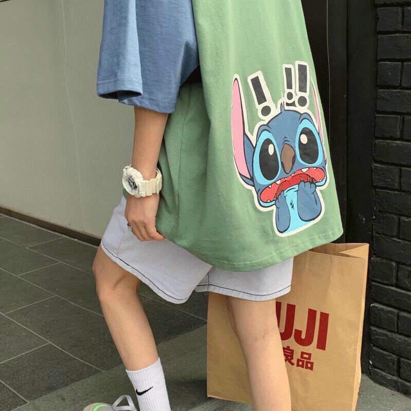 [HÀNG BÁN SHOP] Áo thun nữ form rộng tay lỡ, Áo form rộng nữ phối tay in hình Stitch cute