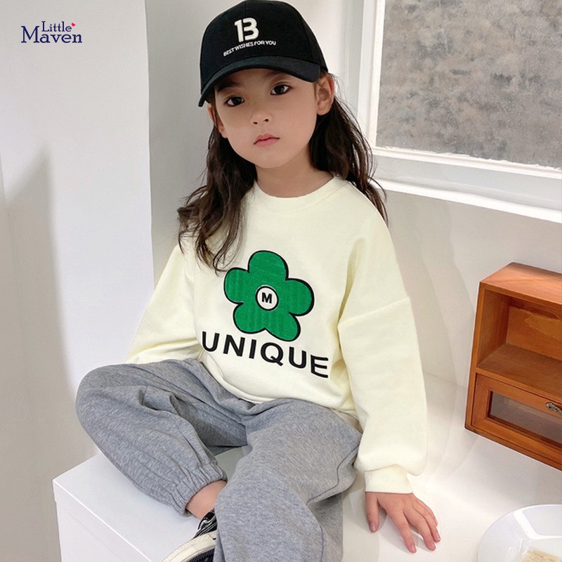 Áo nỉ be hoa xanh Unique Little Maven LMC1070 cho bé gái 2-8 tuổi Mẫu mới 2022 - TILANI Official Sto