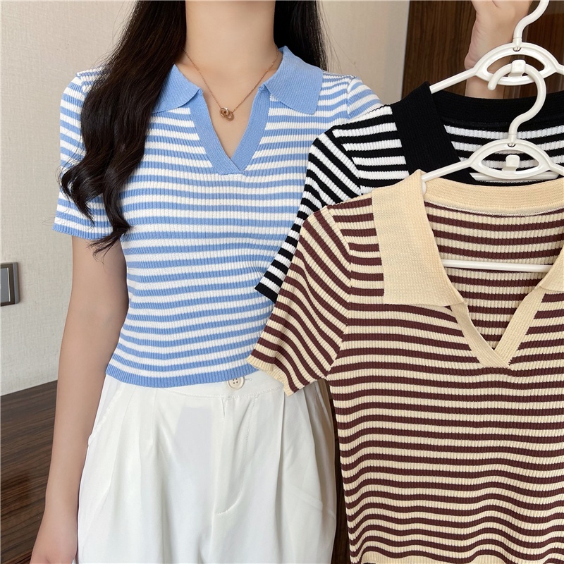 Áo thun SUXI polo dệt kim tay ngắn họa tiết kẻ sọc thời trang Hàn Quốc dễ phối đồ cho nữ
