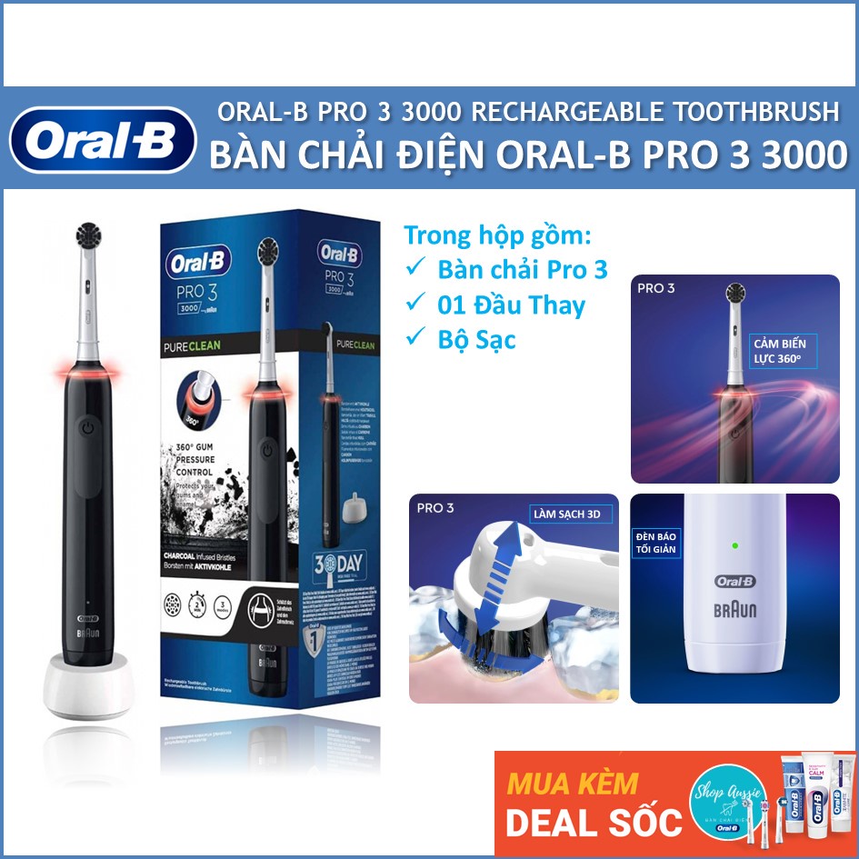 [Mới Về] Bàn Chải Đánh Răng Điện Oral-B Pro 3 3000 PureClean - Cảm biến lực 360 độ, 3 Chế độ, Lông chải than hoạt tính