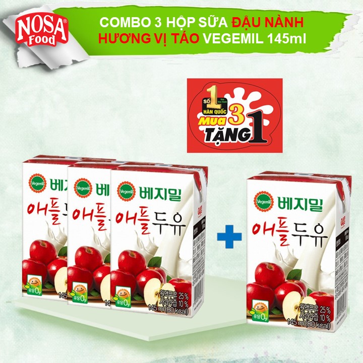 Combo 3 hộp Sữa Đậu Nành Vegemil Hương Vị Táo 145ml + Tặng kèm 1 hộp