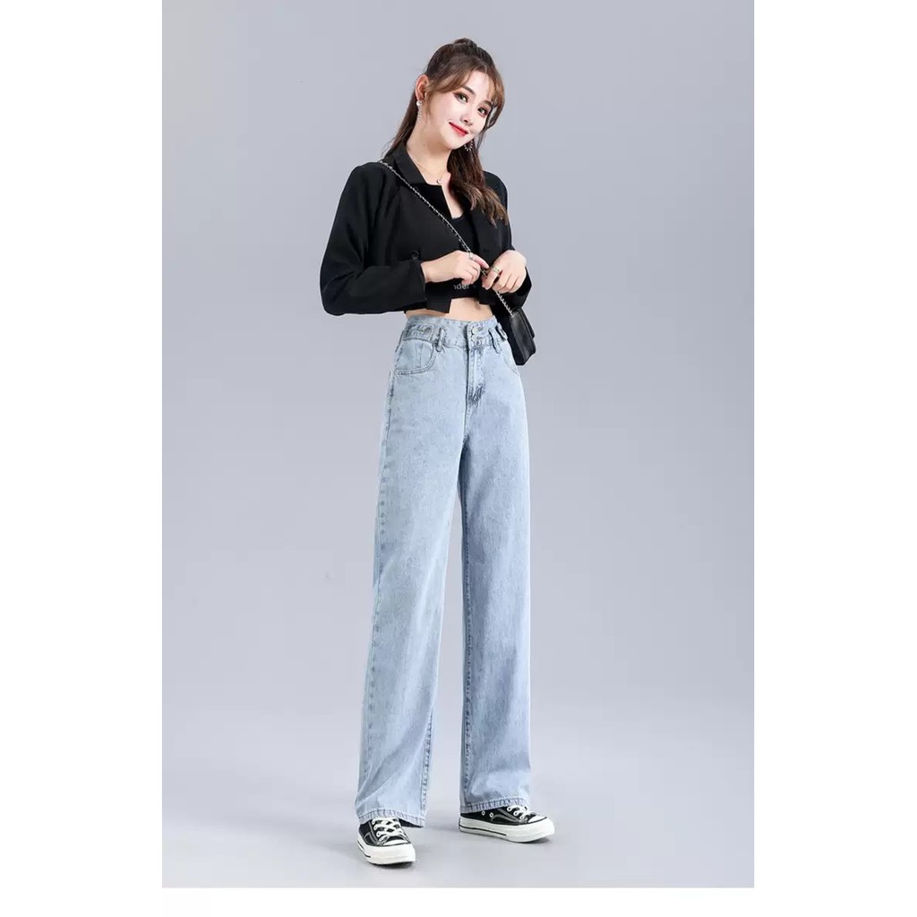 [ MƠN MỞN ] QUẦN JEAN ỐNG RỘNG NỮ LƯNG CAO 2 NÚT 2 ĐAI MÀU XANH NHẠT LAI CUỐN FORM DÀI RỘNG CAO CẤP BABO HOT CỰC HOT