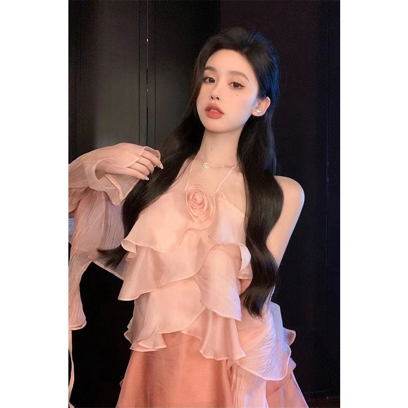 Đầm Hai Dây Nhún Bèo Màu Hồng Phong Cách Pháp Thanh Lịch Cho Nữ