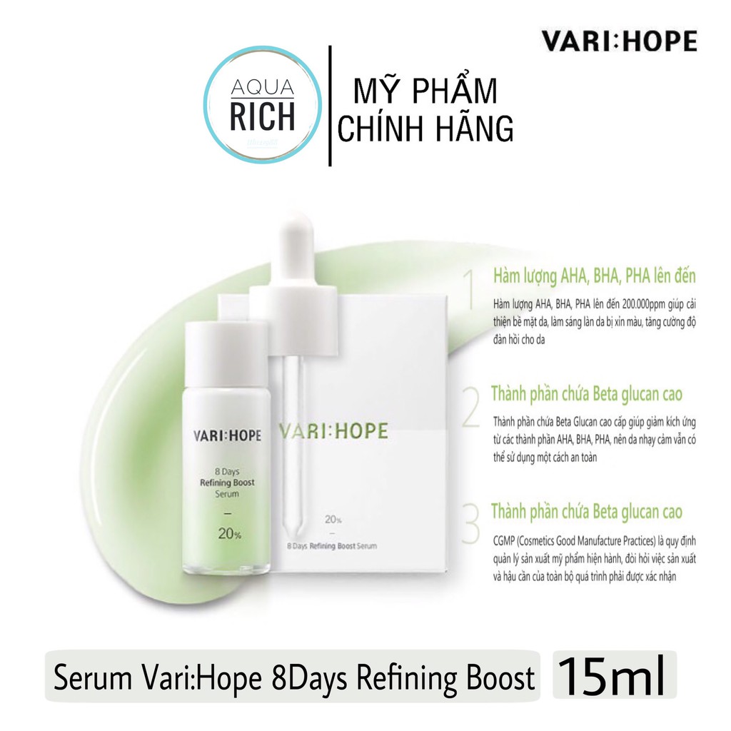 Serum Vari:Hope Tẩy Da Chết, Dưỡng Da Căn Bóng Varihope 8 Days Refining Boost 15ml