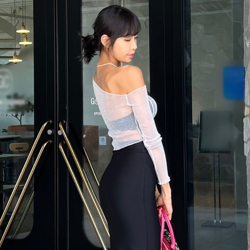 Áo Thun Lưới Tay Dài Trễ Vai Xuyên Thấu Quyến Rũ Cho Nữ