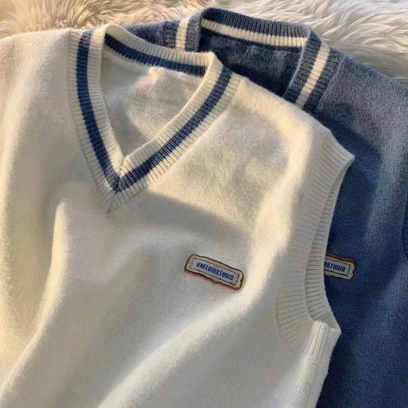 Áo sweater dệt kim sát nách dáng rộng cổ chữ V in màu đơn giản bắt mắt
