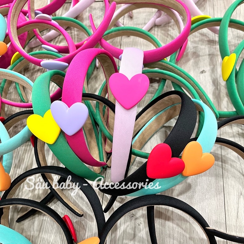 Bờm xước tóc vải màu trơn đính trái tim siêu đáng yêu cho bé