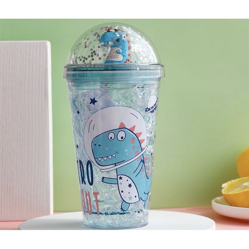 Ly đựng nước kim tuyến hình khủng long 500ml tặng kèm ống hút