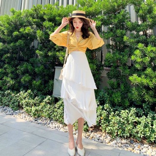 Set áo sơ mi buộc xoắn eo+cv tầng