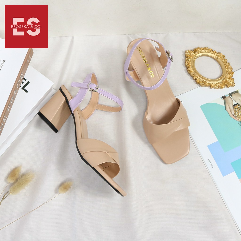 Giày sandal cao gót Erosska thời trang mũi vuông quai ngang bắt chéo cao 7cm màu xanh - EB020 | BigBuy360 - bigbuy360.vn