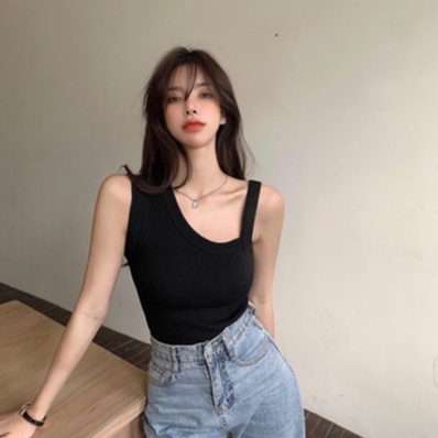 Áo dệt kim ZHELIHANGFEI không tay thiết kế lệch tà độc đáo quyến rũ